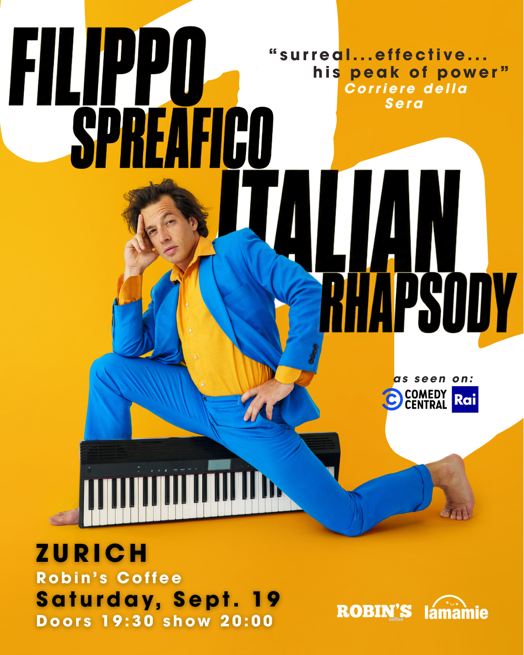 Filippo Spreafico in a bright blue suit and orange shirt, lunging over a keyboard on the Italian Rhapsody poster: Zurich, ROBIN's Coffee, Saturday 19 September, doors 19:30, show 20:00